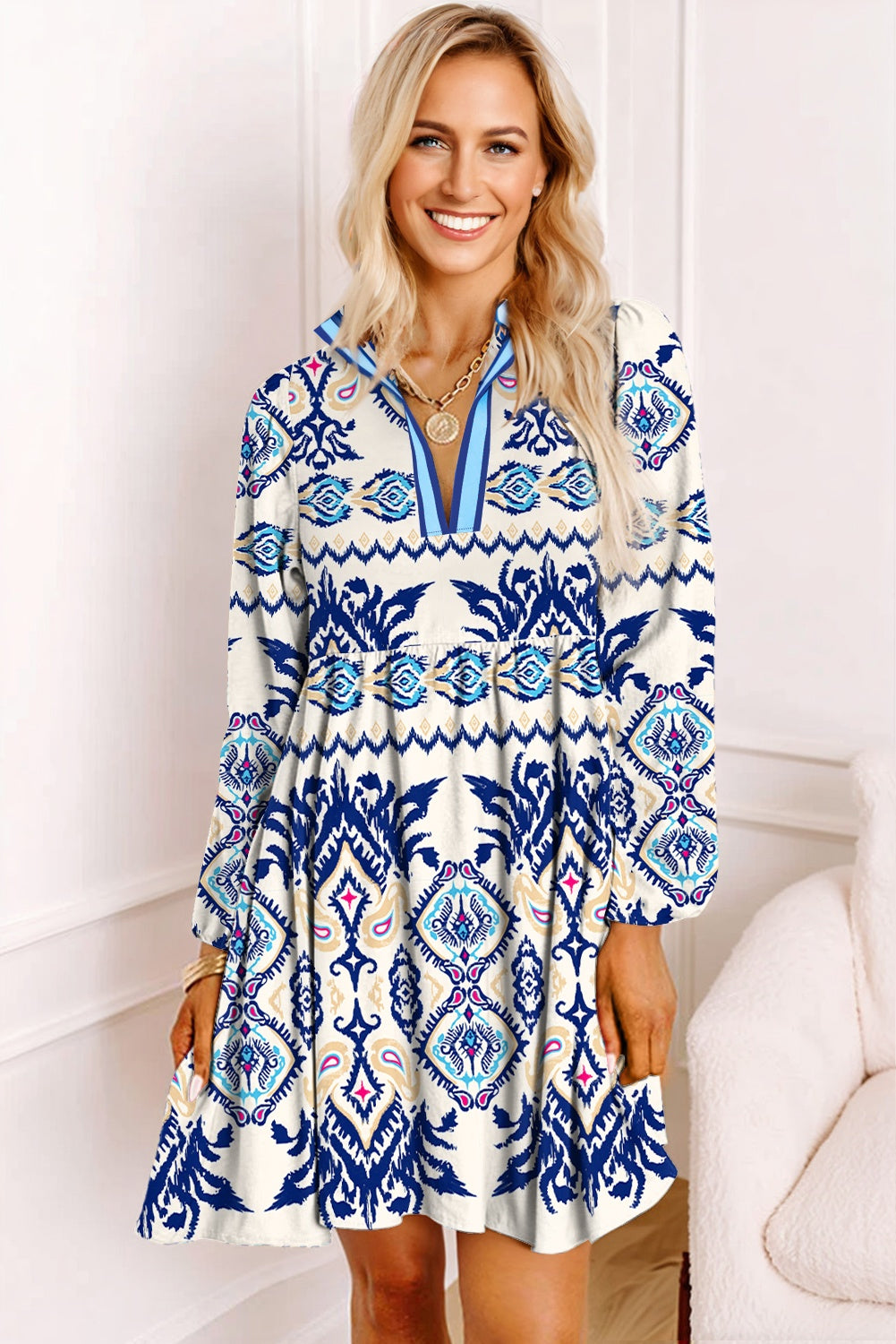 Blue Ethnic Print Striped Split Neck Long Sleeve Flowy Mini Dress Dear-Lover Dropshipping