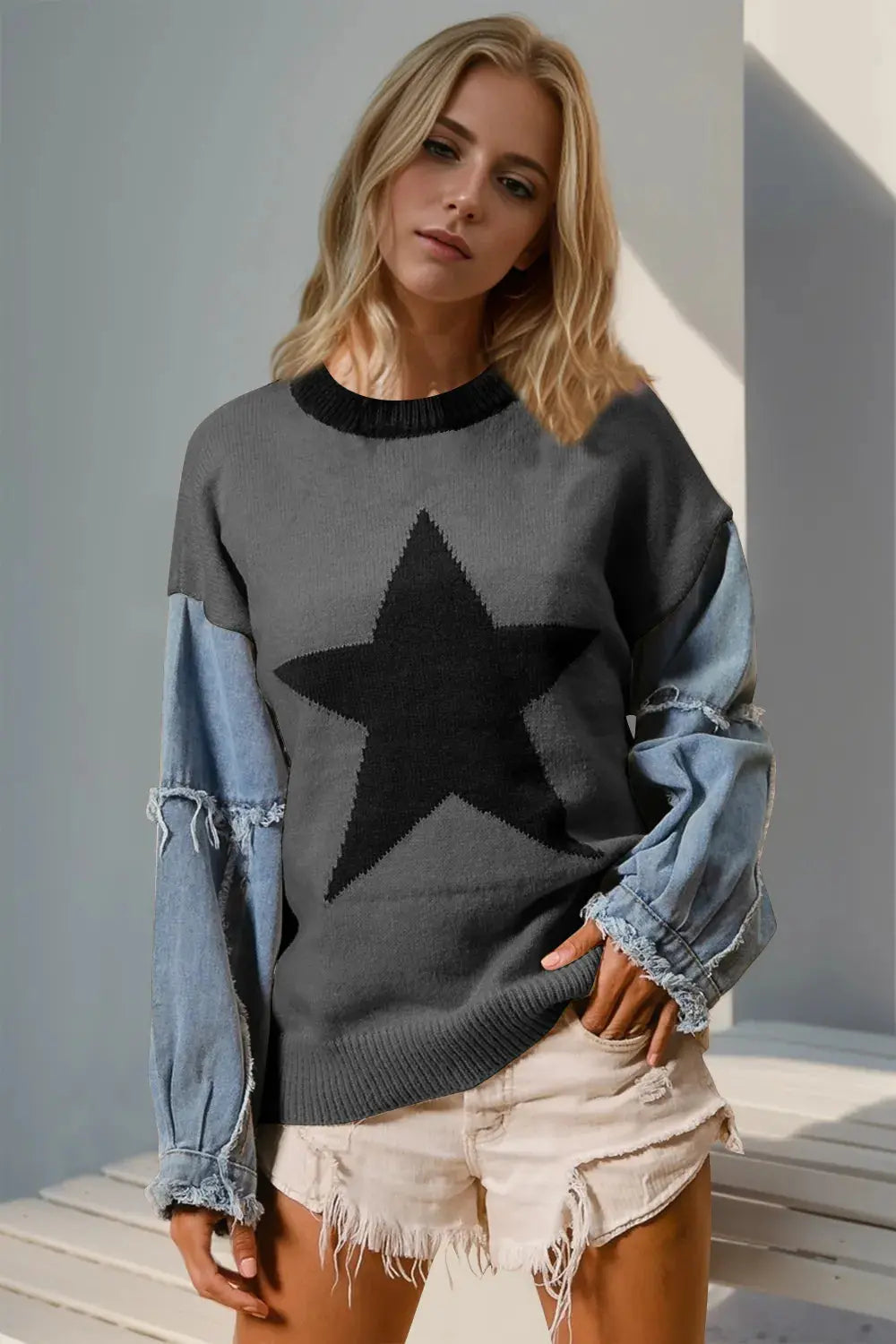 Double Take Full Size Star Pattern Raw Edge Long Sleeve Sweater.