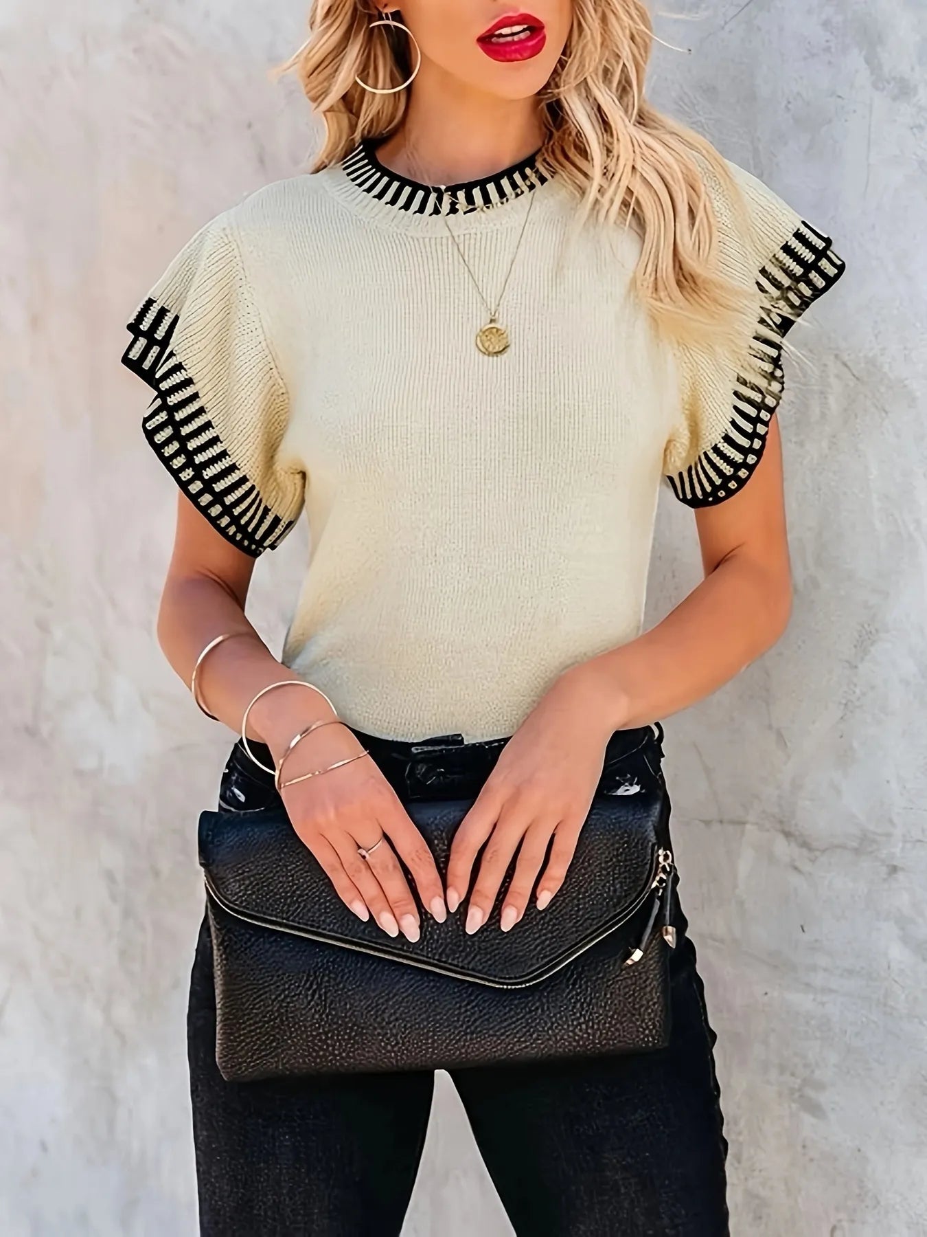 Contrast Trim Cap Sleeve Sweater.