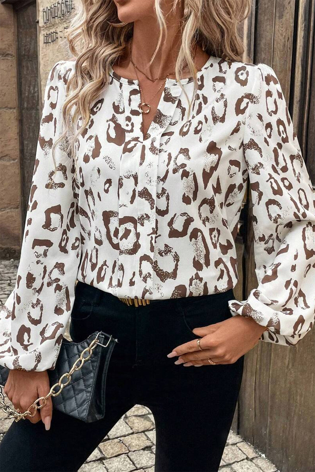 Khaki Leopard Print Split Neck Balloon Sleeve Blouse Dear-Lover Dropshipping