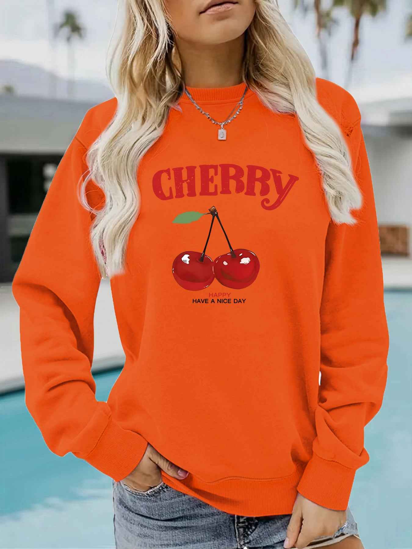 Round neck CHERRY cherry print pullover sweatshirt