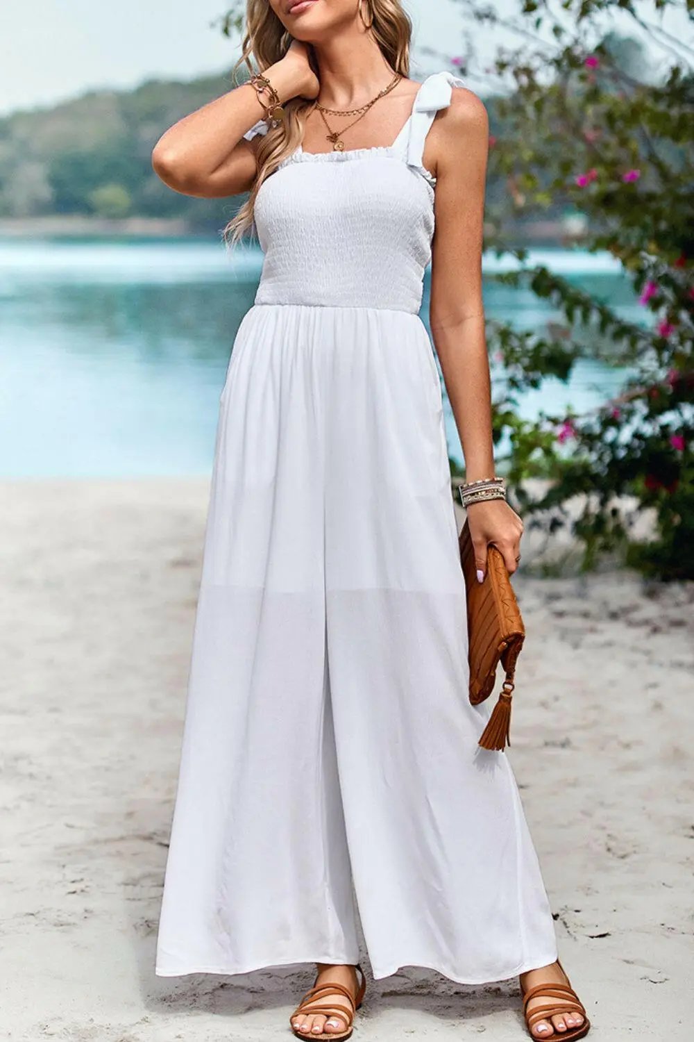 Devine Frill Trim Tie Shoulder Wide Leg Jumpsuit with Pockets.