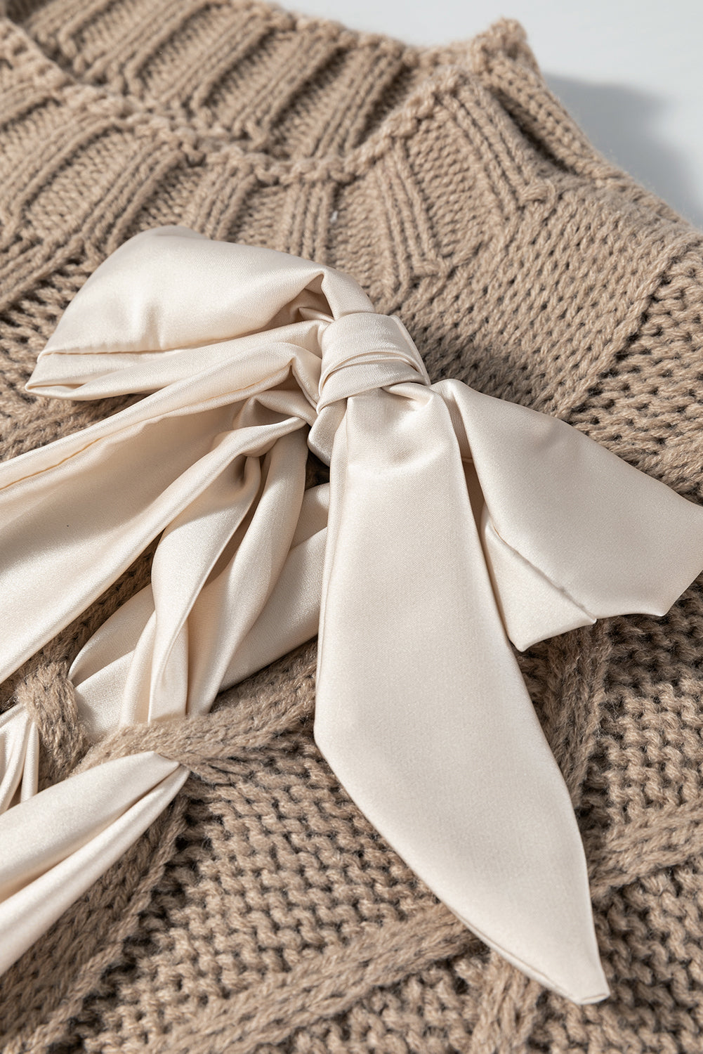 Simply Taupe Cable Knit Colorblock Satin Bowknot Short Sleeve Sweater Dear-Lover Dropshipping