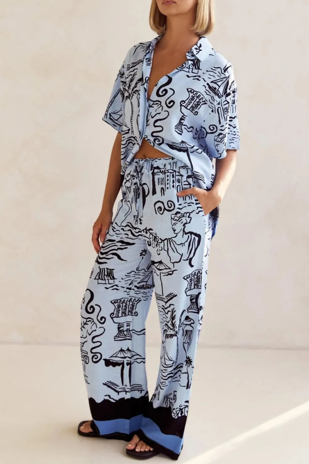 Printed Button Up Shirt and Pants Set Plus Size - CHIC TB