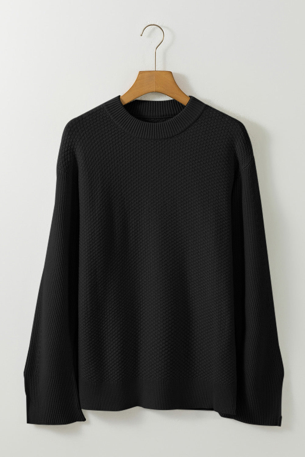 Black Solid Textured Knit Split Cuff Drop Shoulder Loose Sweater Dear-Lover Dropshipping