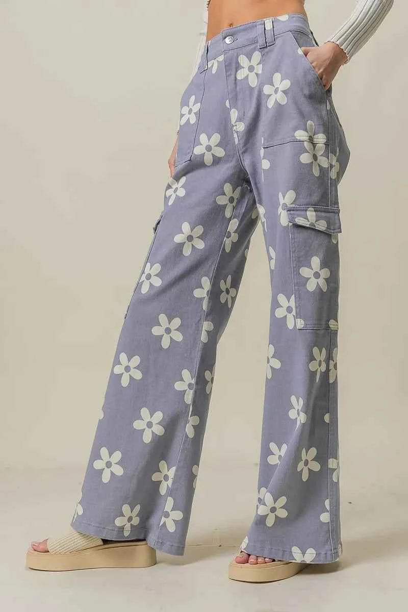 BiBi Flower Printed Side Pocket Wide Pants