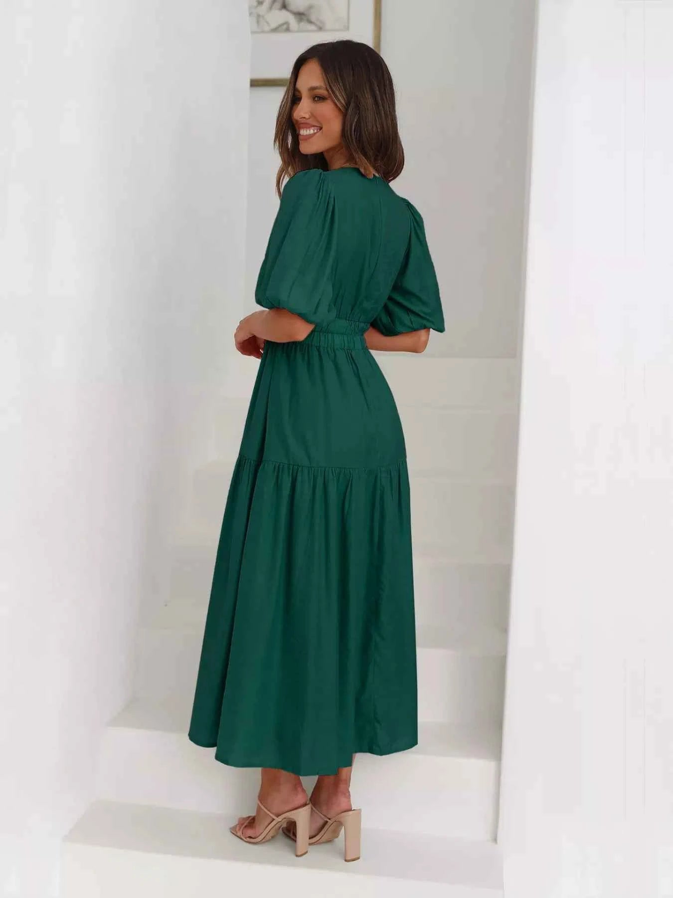 Tiered Puff Sleeve Midi Dress