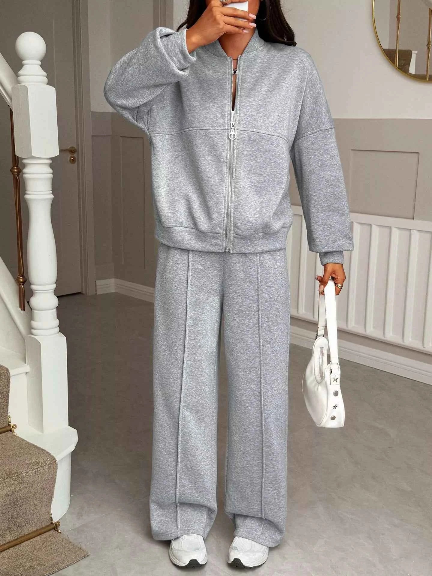 Casual Zipper Front Top and Wide Leg Pants Set