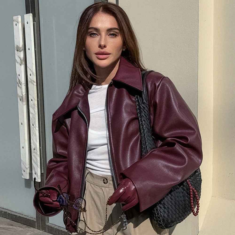 PU leather jacket loose jacket women's zipper leather jacket