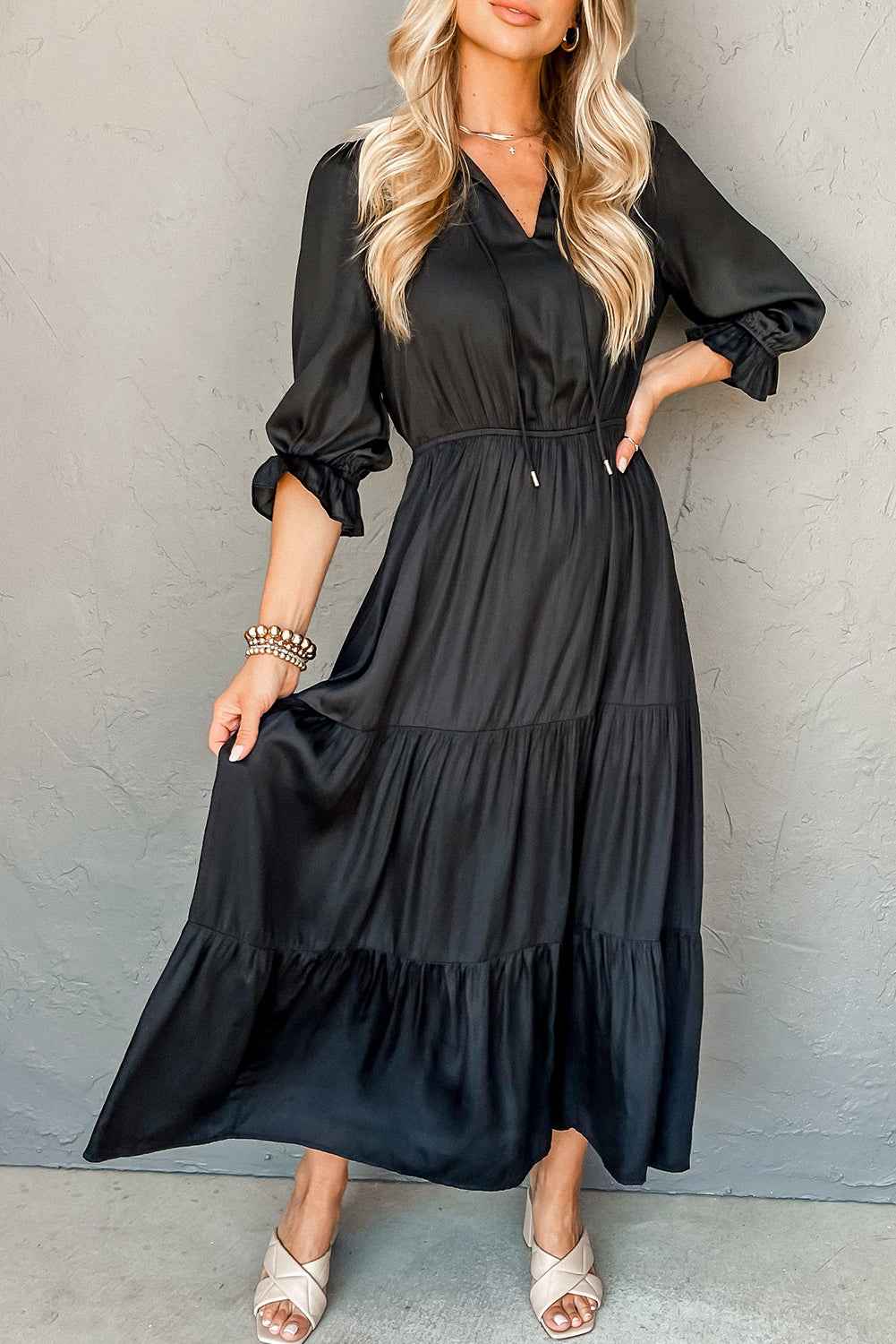 Black Flounced Bracelet Sleeve V Neck Tiered Maxi Dress
