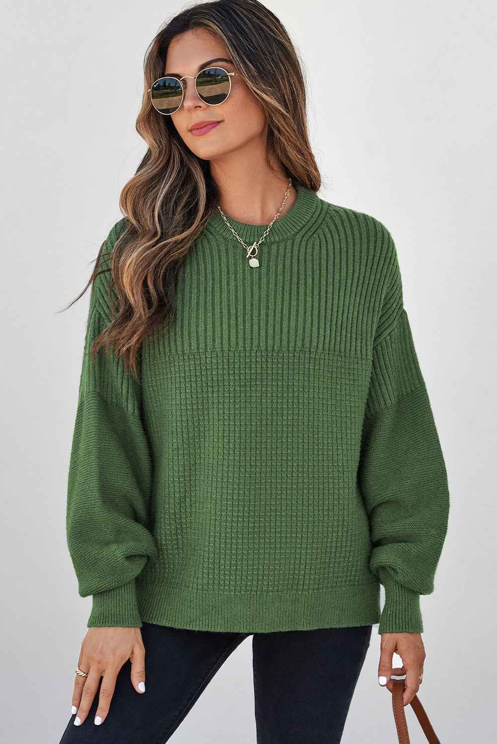 Vineyard Green Solid Color Mixed Textured Knitted Crew Neck Sweater