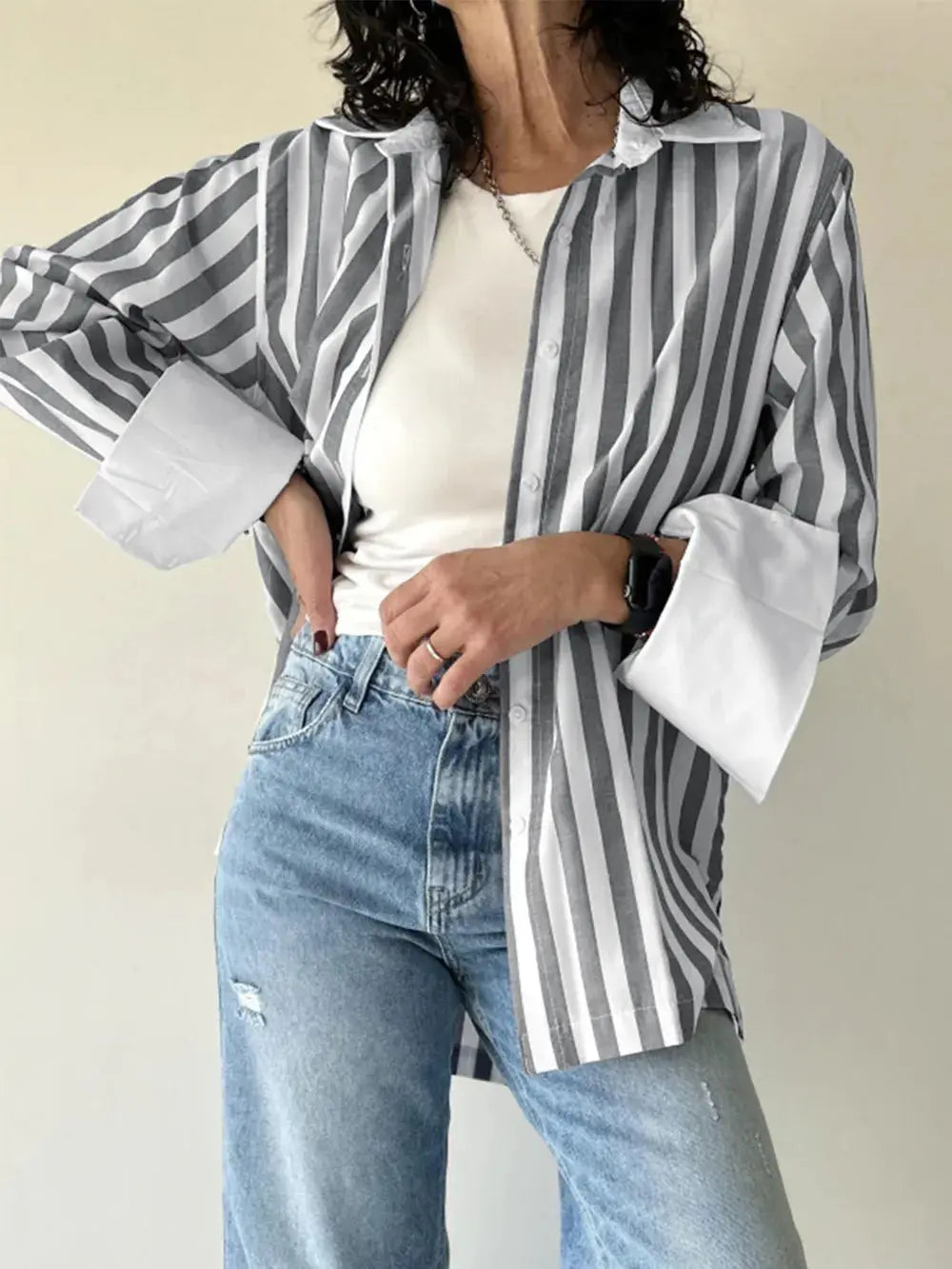 Striped Collared Neck Long Sleeve Shirt.