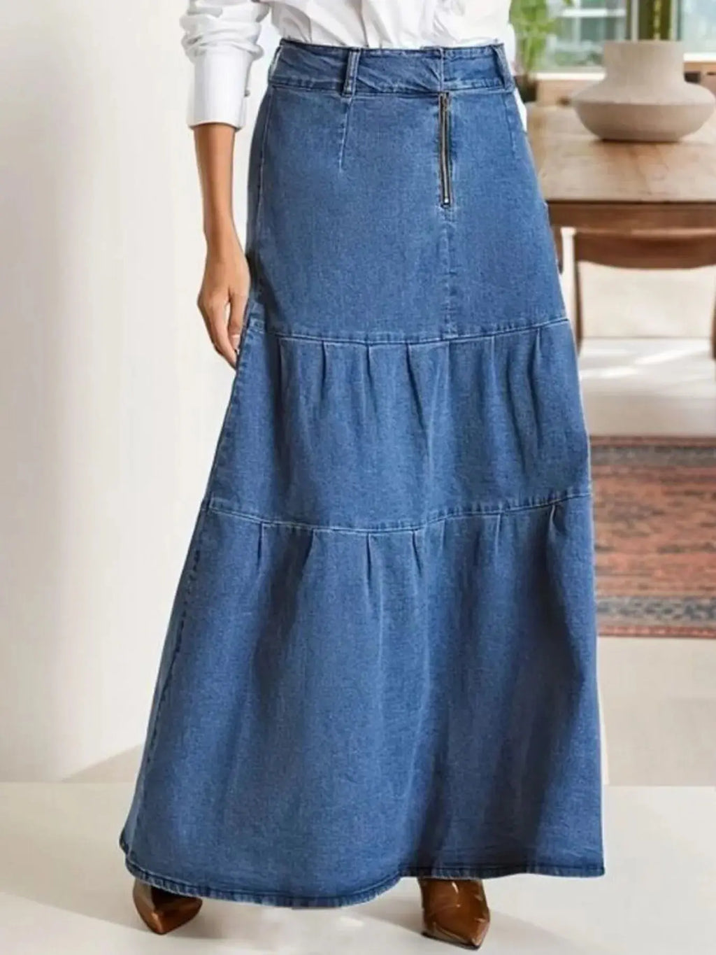 Tiered Maxi Denim Skirt with Zipper Detail.