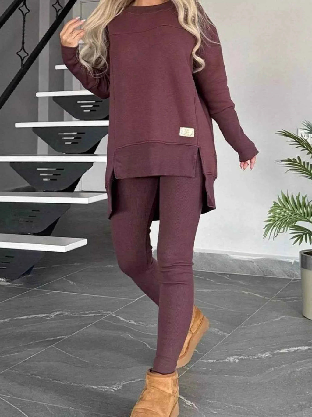 Full Size Slit Round Neck Top and Pants Set Plus Size