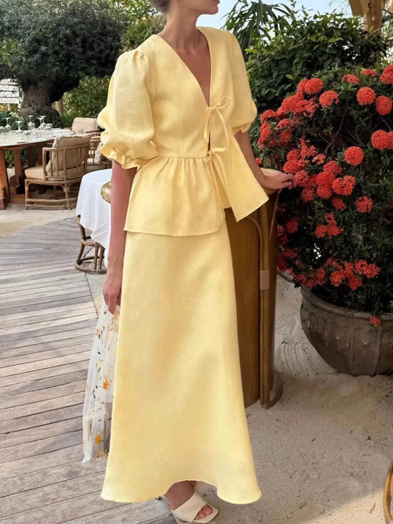 Tie Front Peplum Top and Skirt Set.