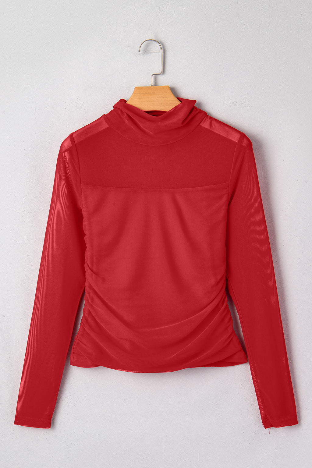 Fiery Red Sheer Mesh Patchwork High Neck Long Sleeve Top