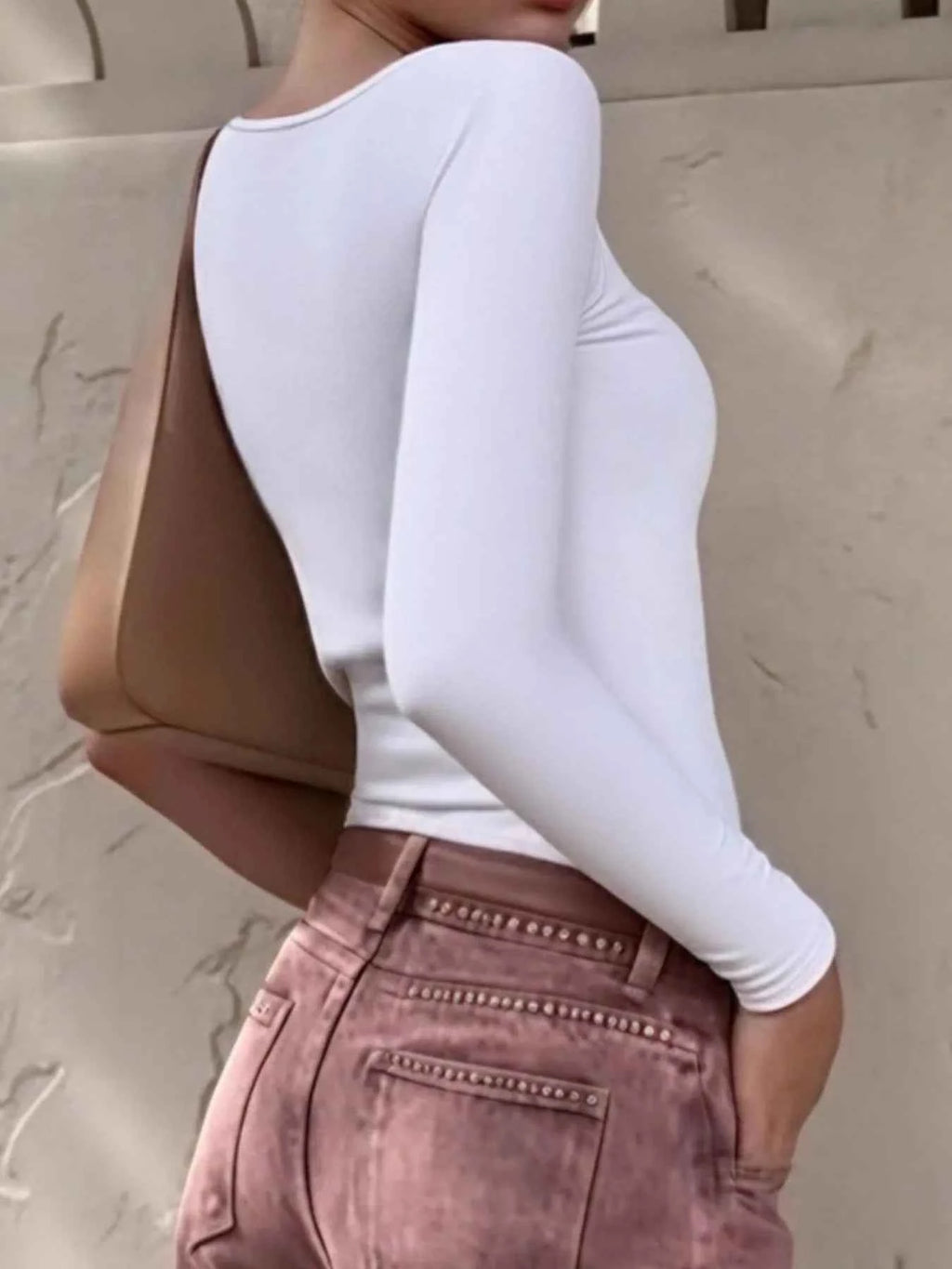 Long Sleeve Scoop Neck Fitted T-Shirt.