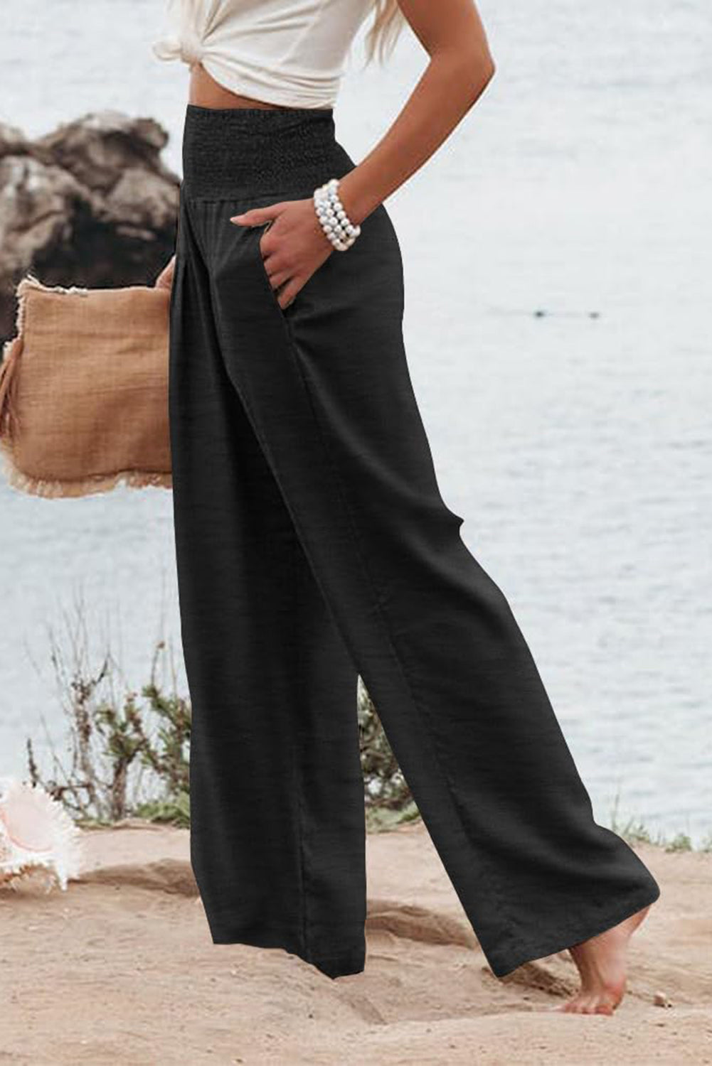 Black Shirred High Waist Plus Size Wide Leg Pants Dear-Lover Dropshipping