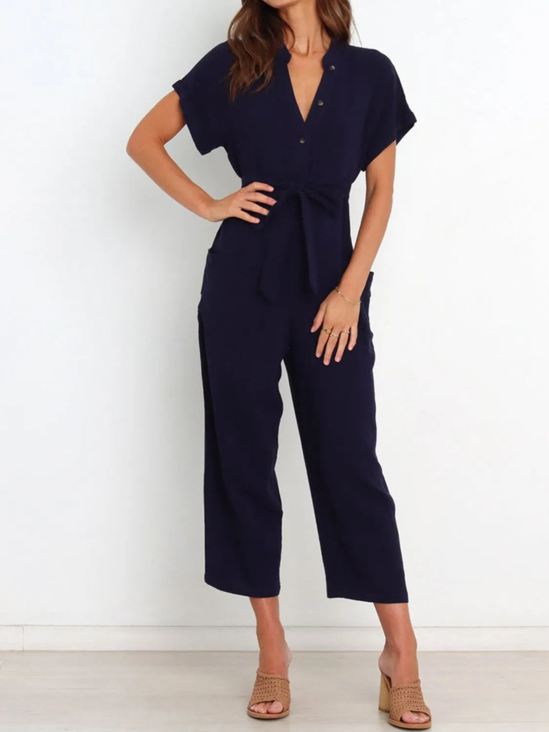 Notched Short Sleeve Tie Waist Jumpsuit.
