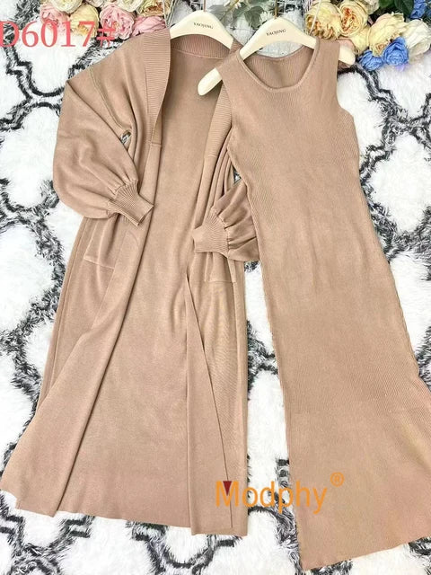 Fashion women's knitted long sleeved cardigan sleeveless dress long casual knitted two-piece set