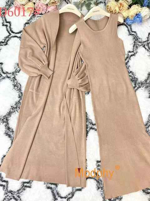 Fashion women's knitted long sleeved cardigan sleeveless dress long casual knitted two-piece set