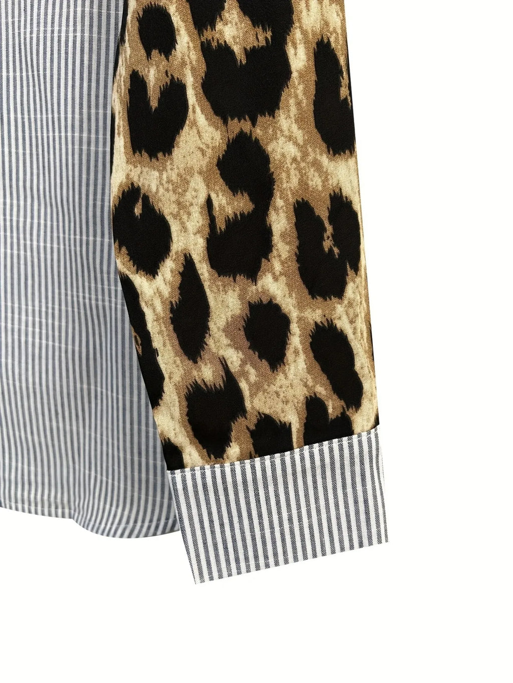 Leopard Print Sleeve Striped Button-Down Shirt.
