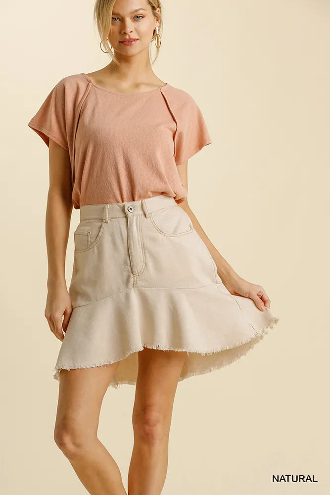 Umgee Linen Blend 5 Pockets High Low Skirt with Frayed Hem.