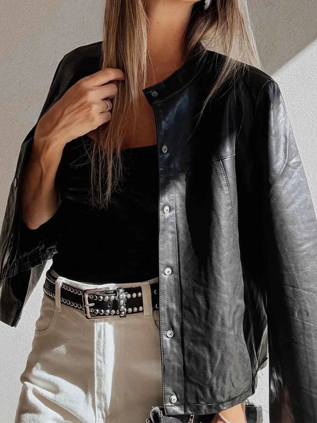 Faux Leather Buttoned Front Boxy Jacket