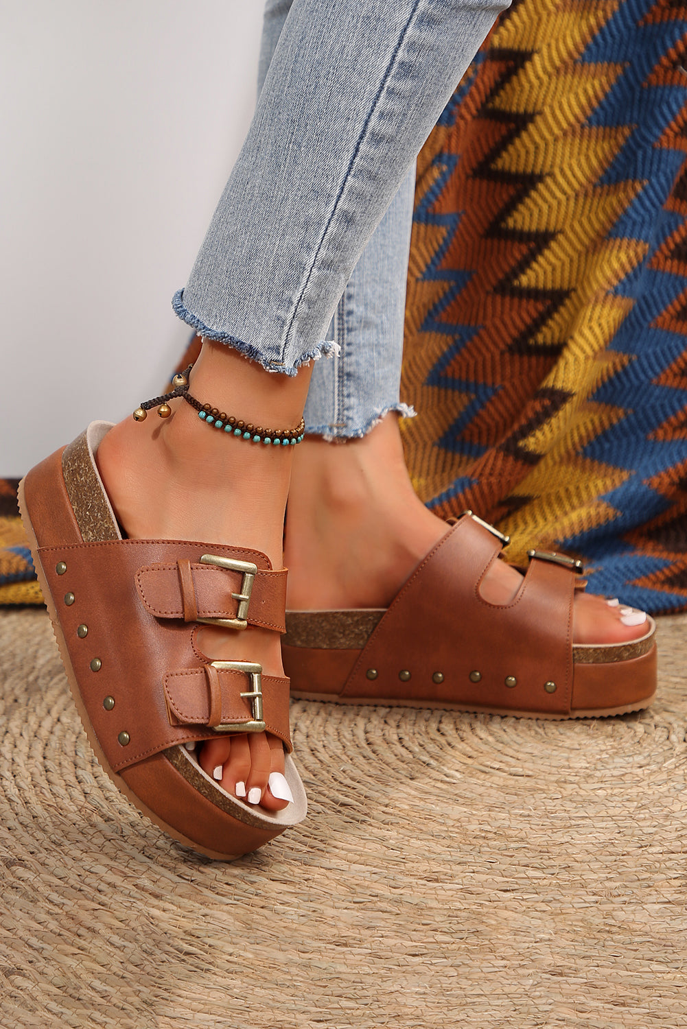 Chestnut Dual Buckle Studded Platform Sandal Slippers Dear-Lover Dropshipping
