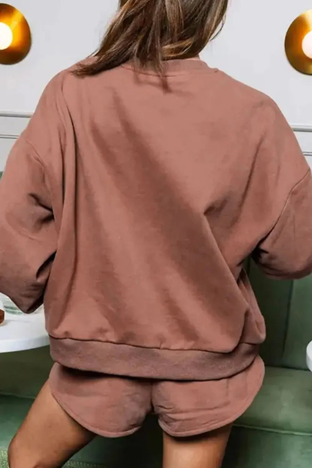 COFFEE Sequin Round Neck Long Sleeve Top and Shorts Set.