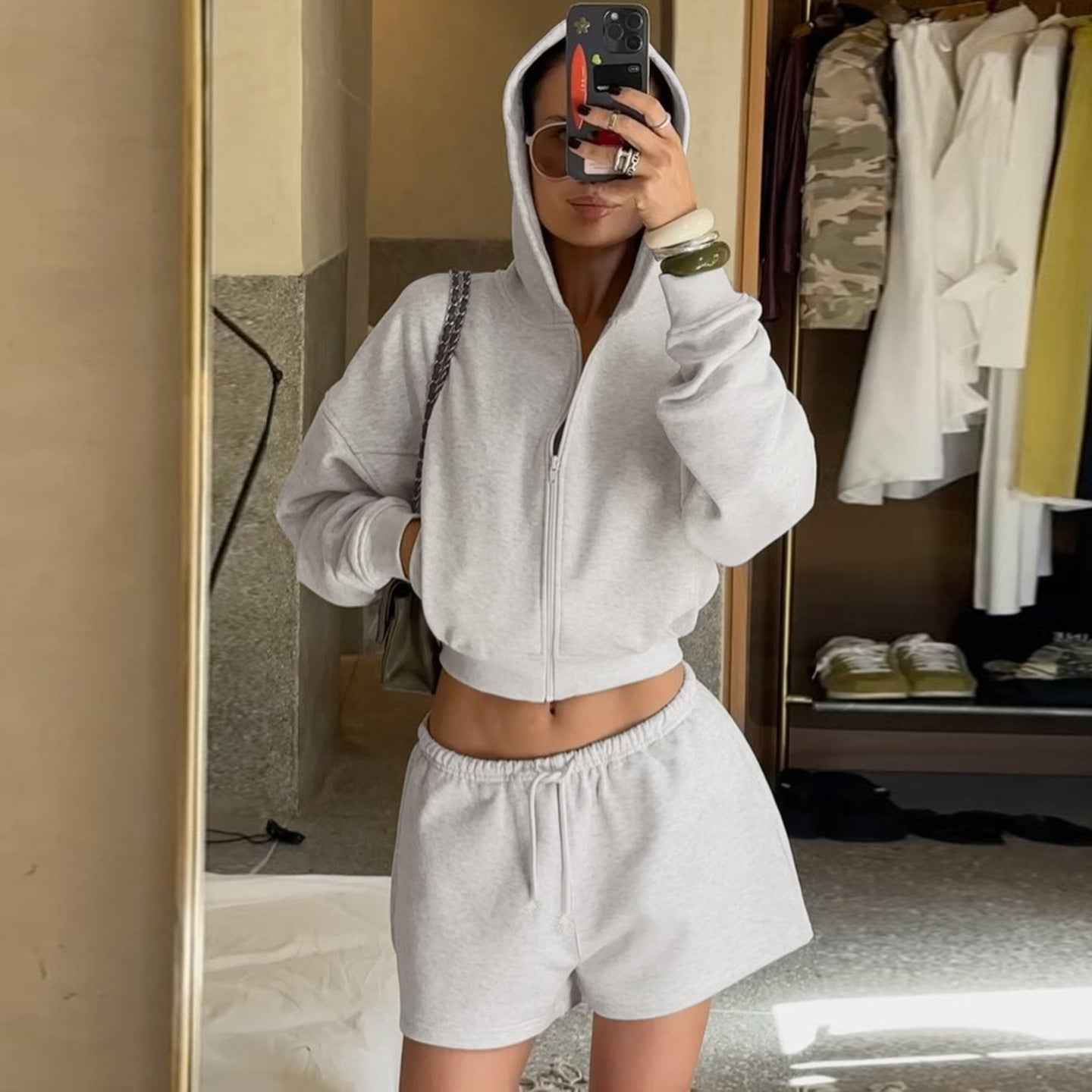 Hoodie Two-Piece Set with Waist-Cinching Crop Hooded Jacket and Drawstring Loose Shorts