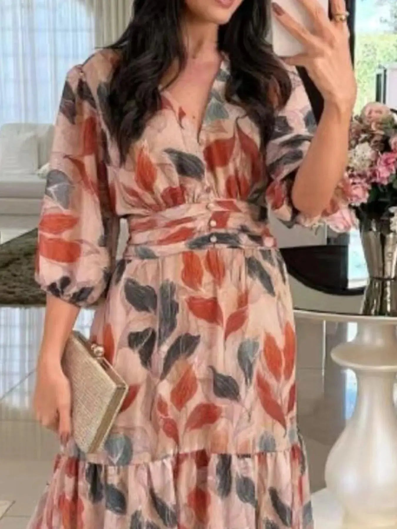 Full Size Printed V-Neck Maxi Dress with Tiered Hemline Plus Size.