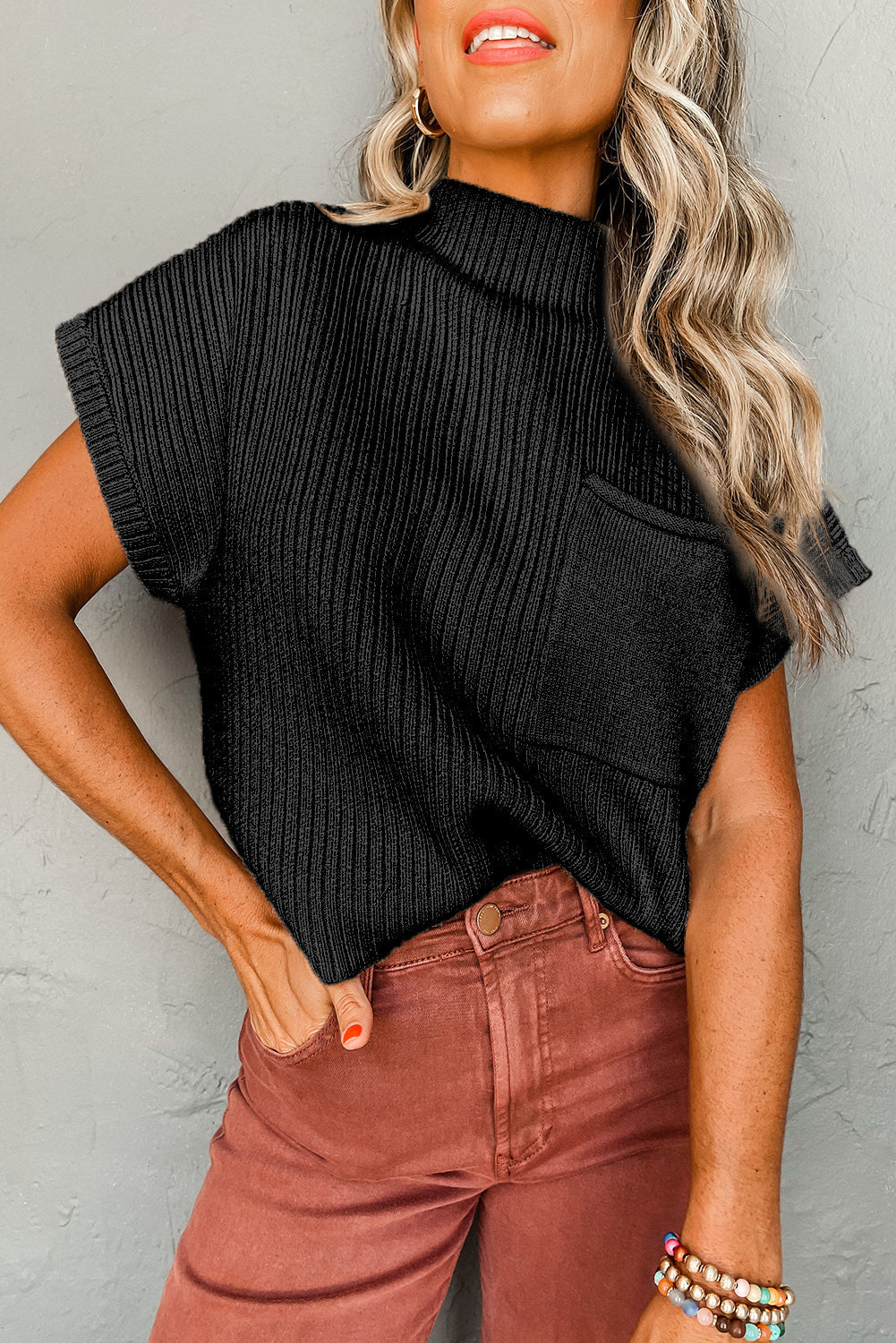 Black Patch Pocket Ribbed Knit Short Sleeve Sweater Dear-Lover Dropshipping