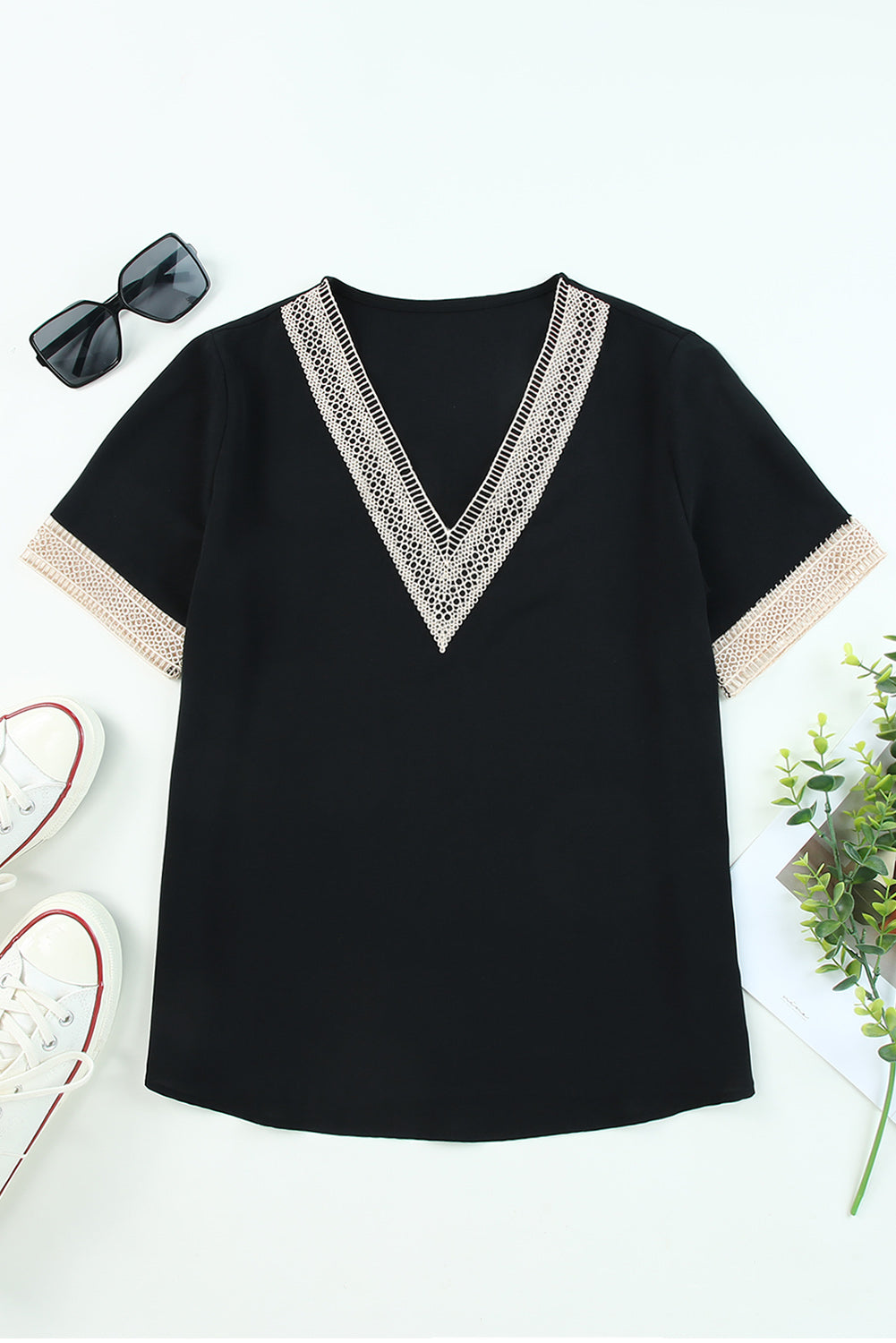 Black Lace Trim V Neck Short Sleeve Blouse Dear-Lover Dropshipping