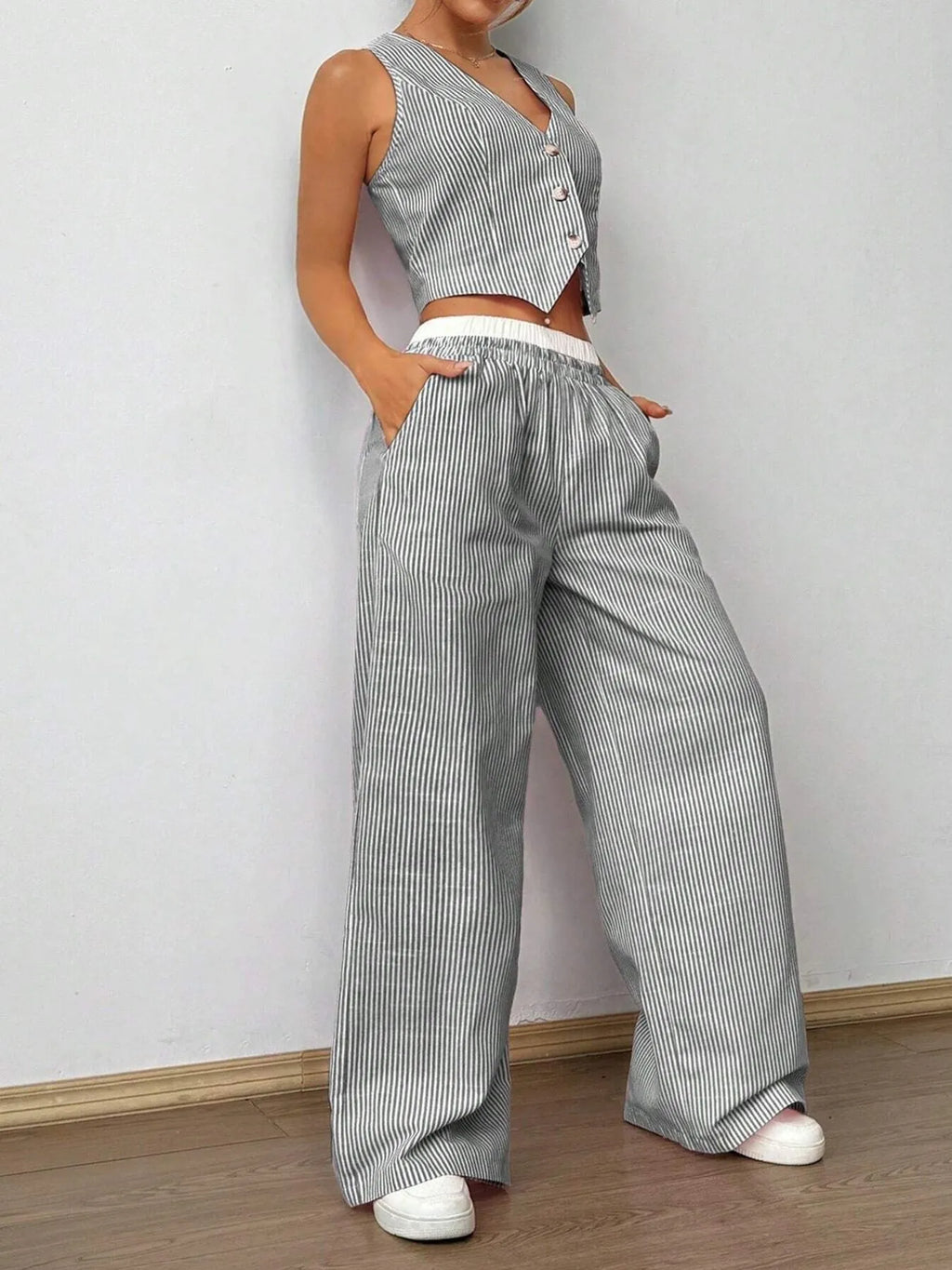 Striped Vest Top and Wide Leg Pants Two-Piece Set.