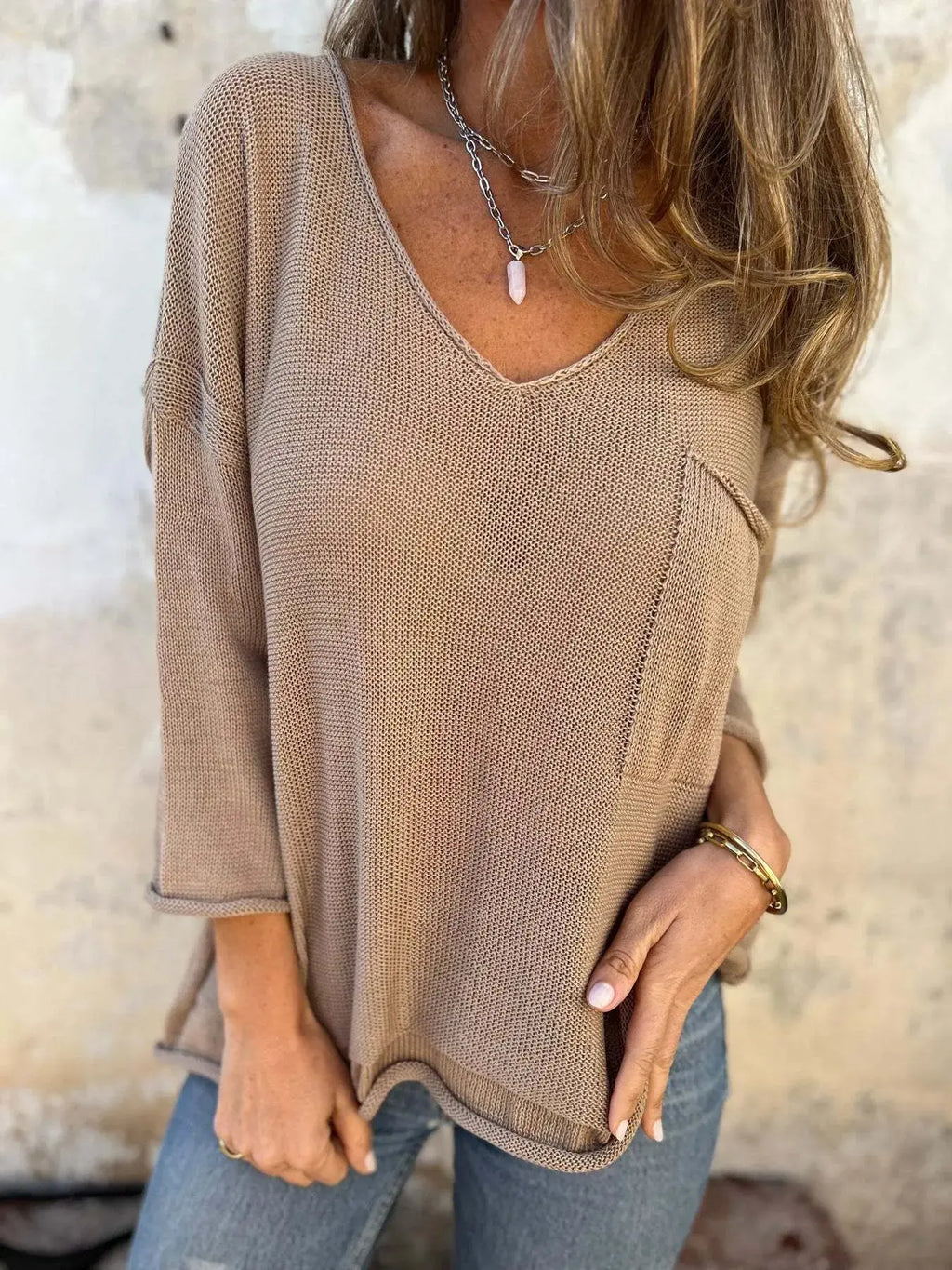 Full Size Casual V-Neck Knit Sweater Plus Size.