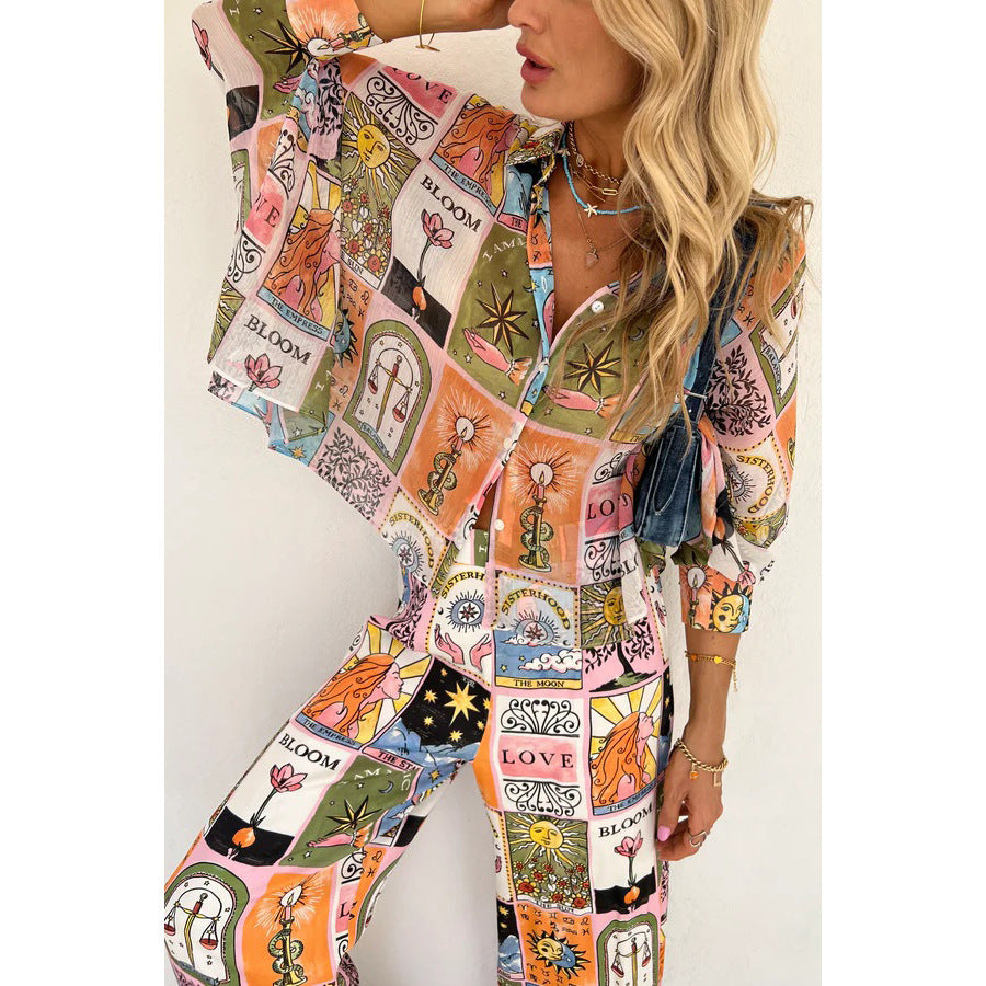 Batwing Sleeve Printed Loose Set INS Casual Home Long Pants Two-Piece Set
