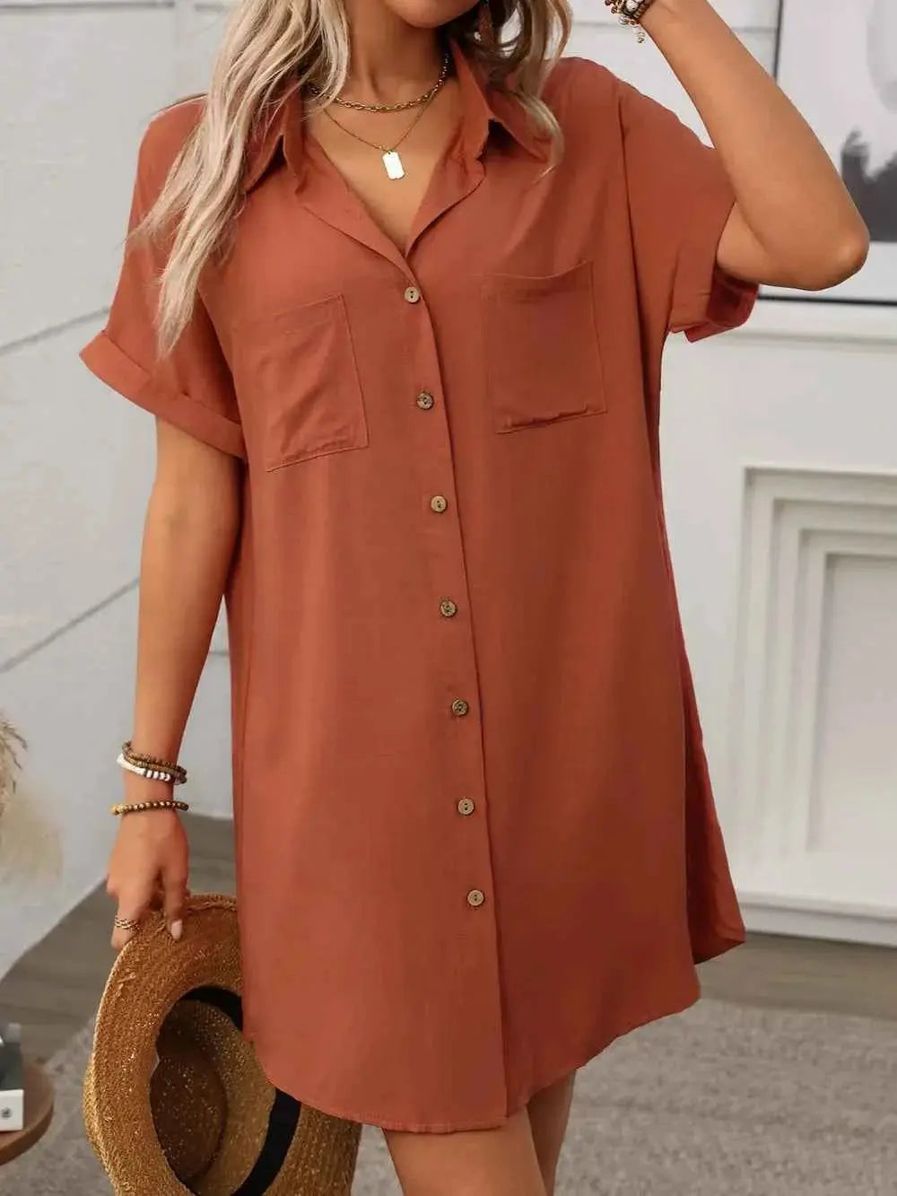Button Down Short Sleeve Mini Dress.