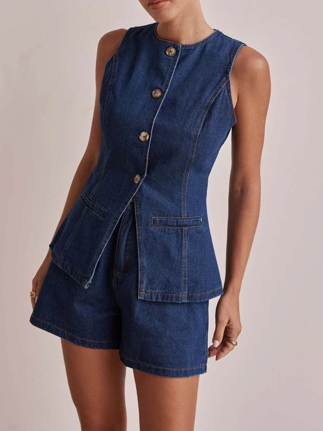 Button Down Vest and Shorts Denim Set.