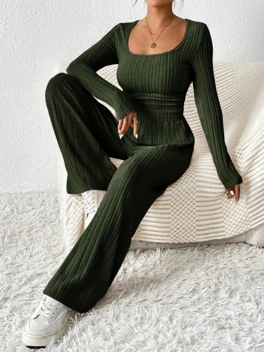 Honey Scoop Neck Long Sleeve Top and Pants Set.
