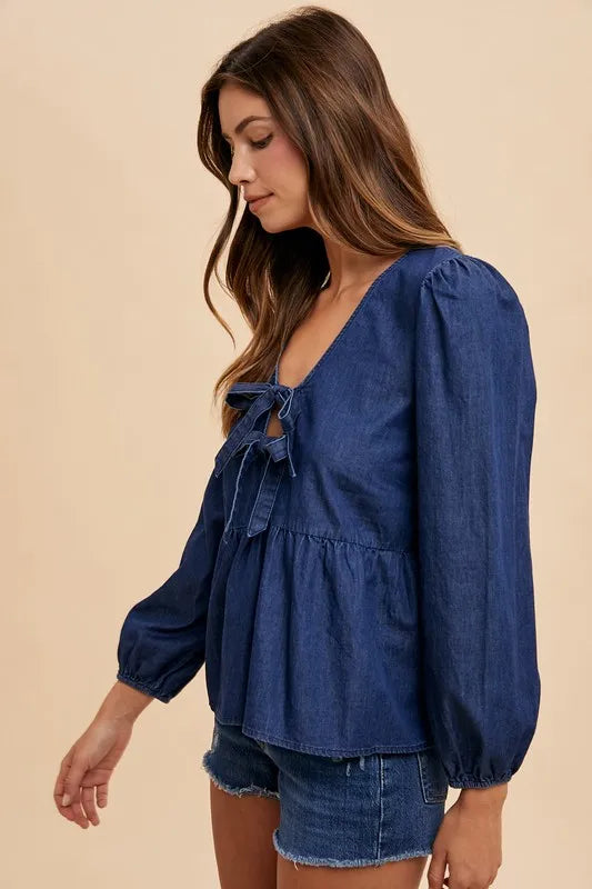 Annie Wear Tie Front Peplum Long Sleeve Denim Top.
