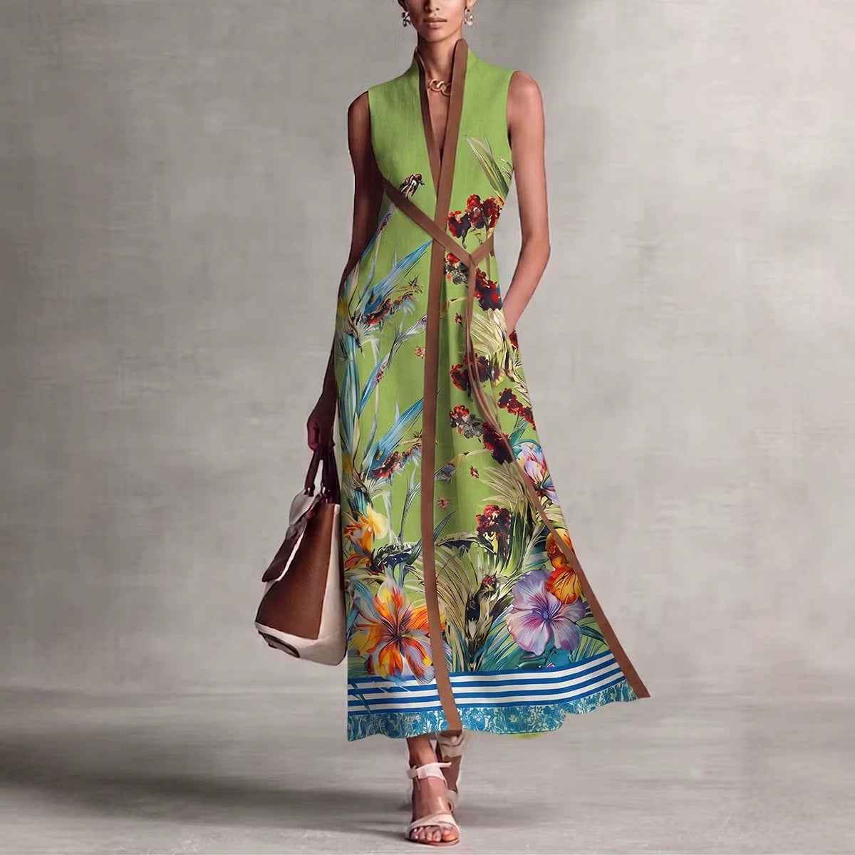 Sleeveless Long V-neck Printed Patchwork Dress