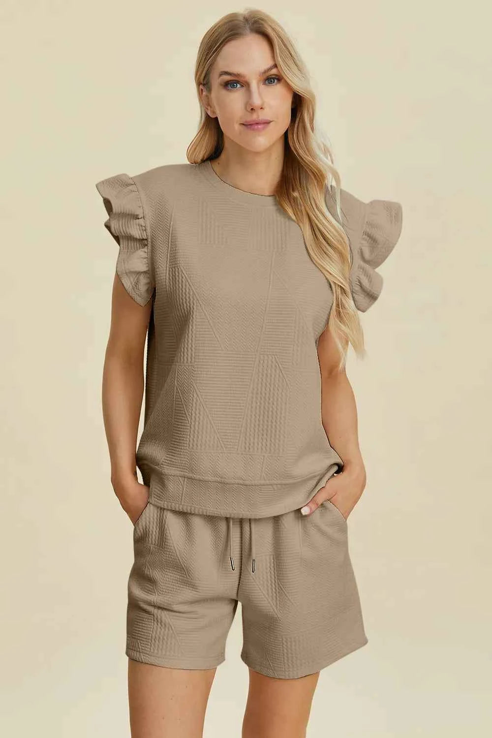 Round Neck Ruffle Sleeve Top and Shorts Set