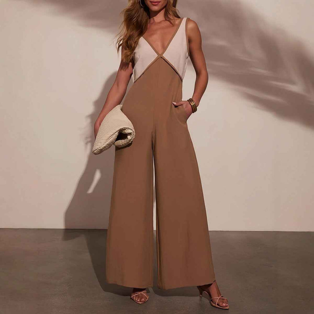 Summer New V-Neck Sleeveless Color-Blocked Wide-Leg Jumpsuit for Women, Fashionable and Elegant Jumpsuit