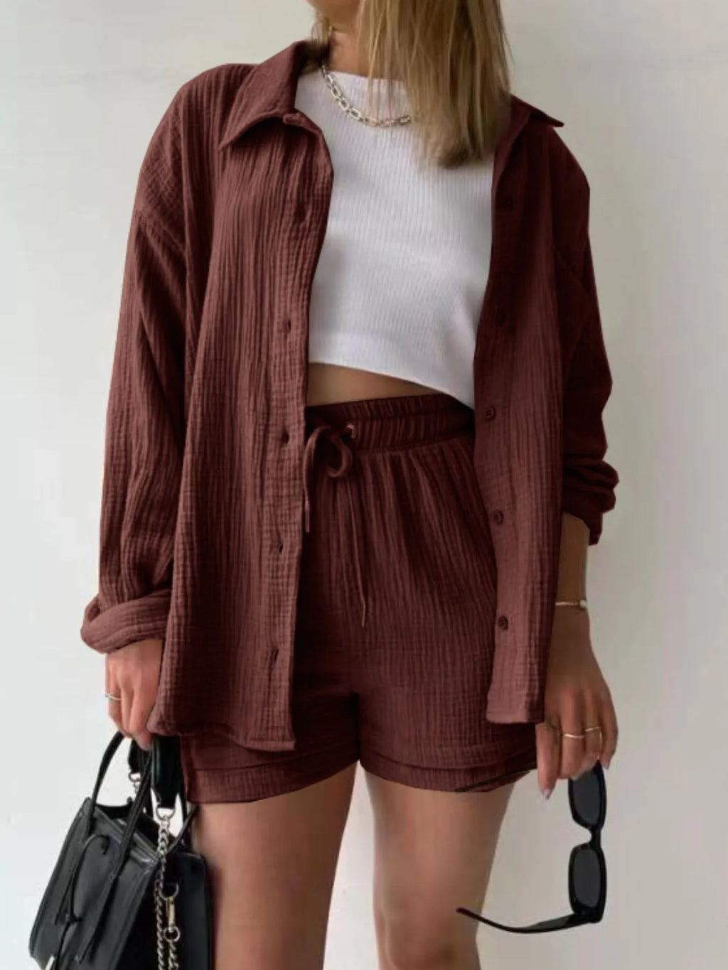 Textured Button Up Shirt and Shorts Set.