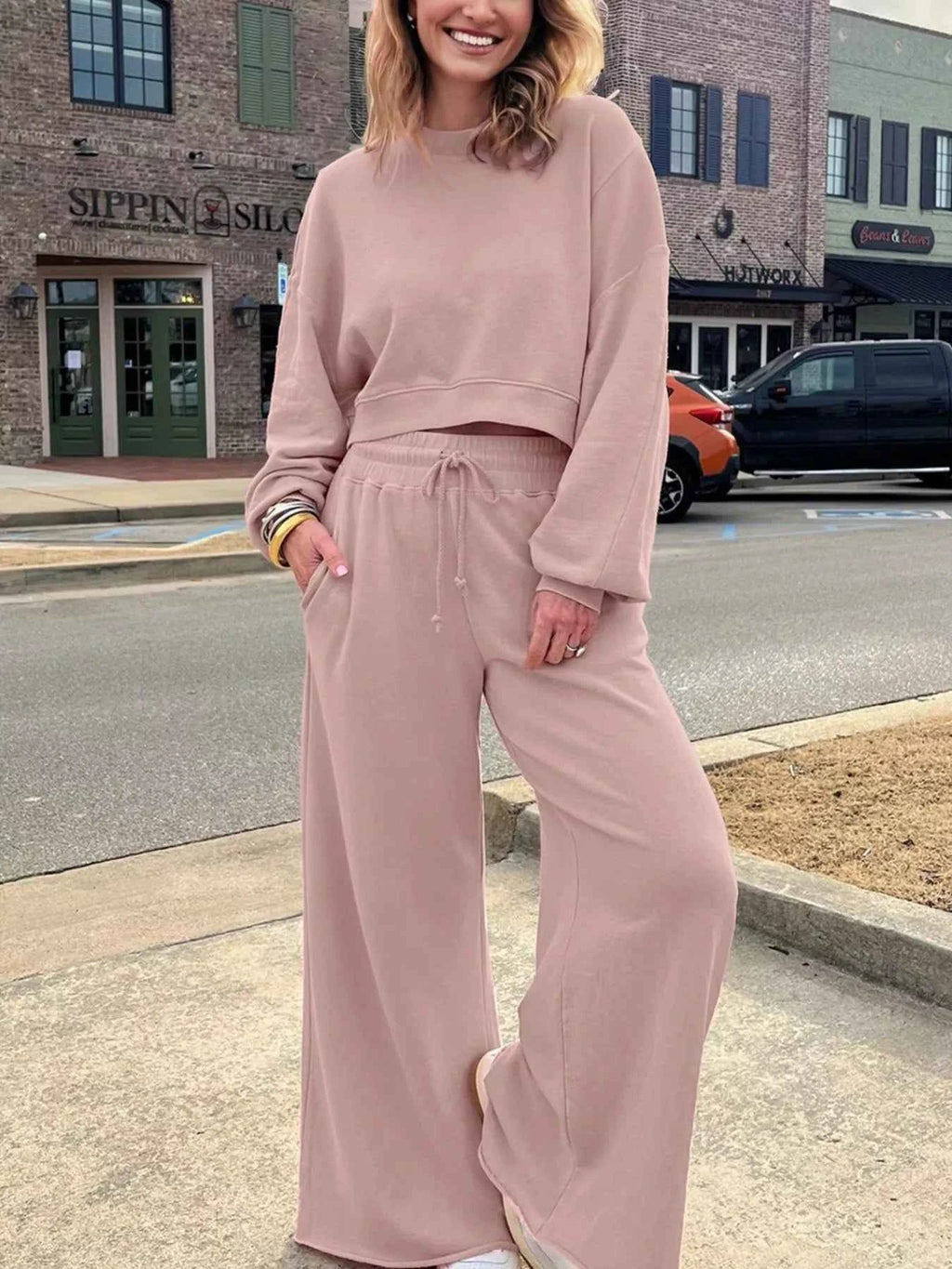 Drop Shoulder Puff Sleeve Crop Top and Drawstring Wide Leg Pants Set