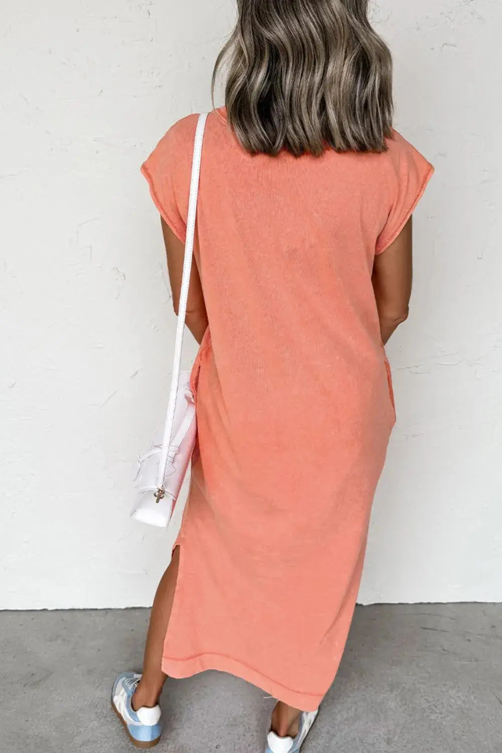 Side Split Round Neck Cap Sleeve T-Shirt Dress.