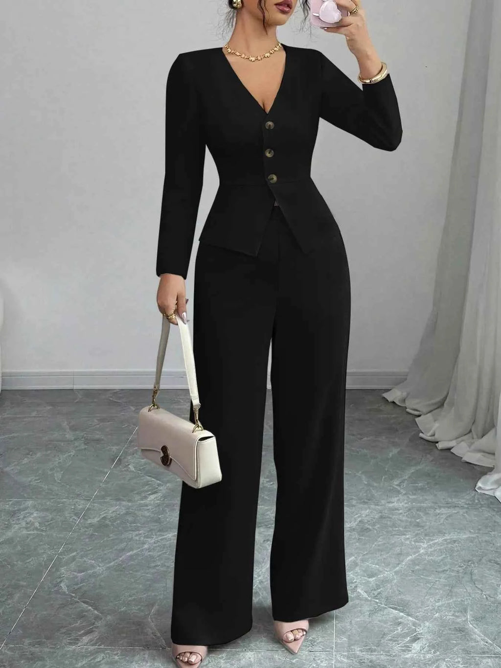 Button Up Long Sleeve Top and Pants Set