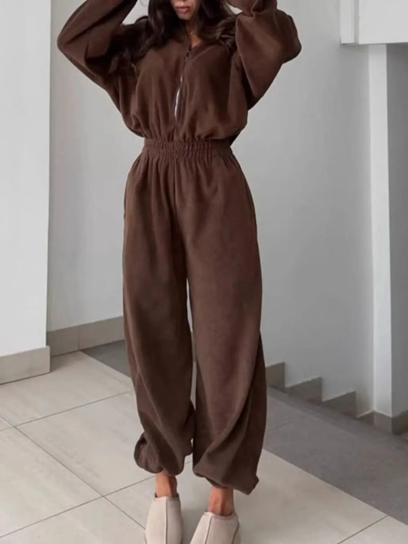 Zip Front Long Sleeve Jumpsuit.