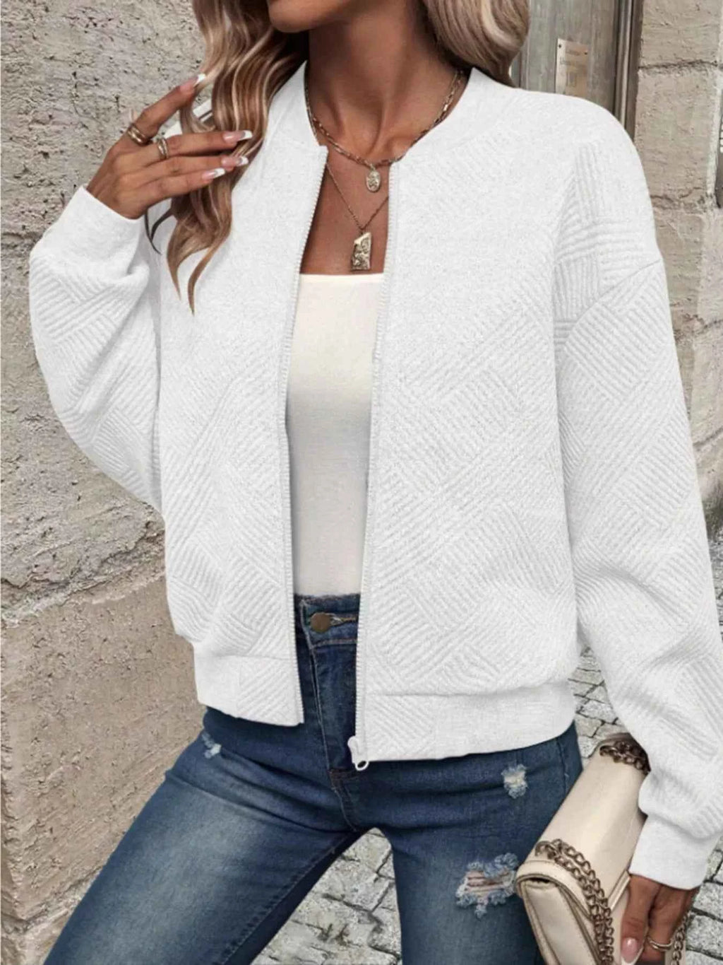 Textured Knit Zip-Up Bomber Jacket